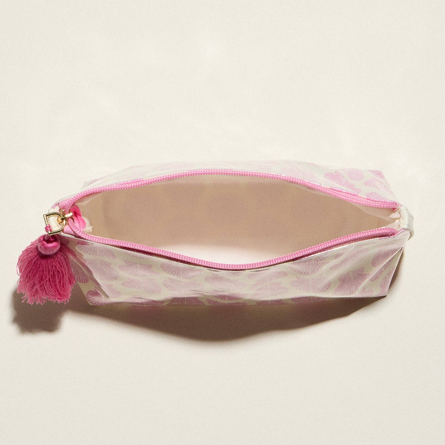 Frem - Pink Seashell Print Cosmetic Pouch – Zipper Makeup Bag with Tassel