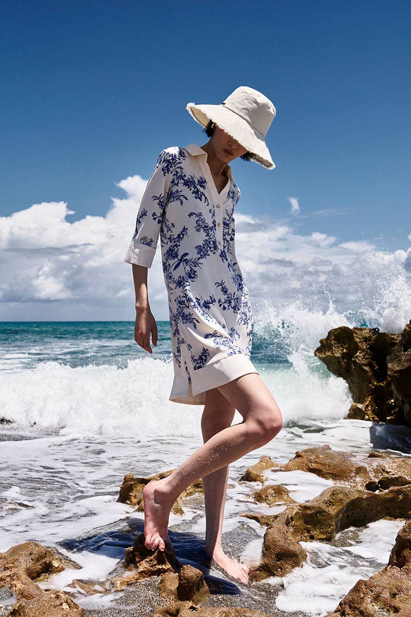 Coolibar - Icaria Tunic Dress | Vanilla China Blue Damask