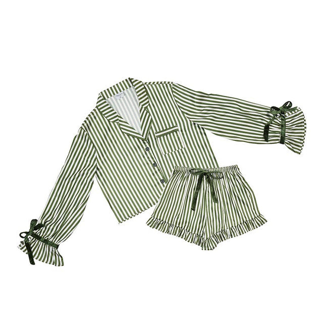 Cropped Green Stripe PJ with Velvet Ties