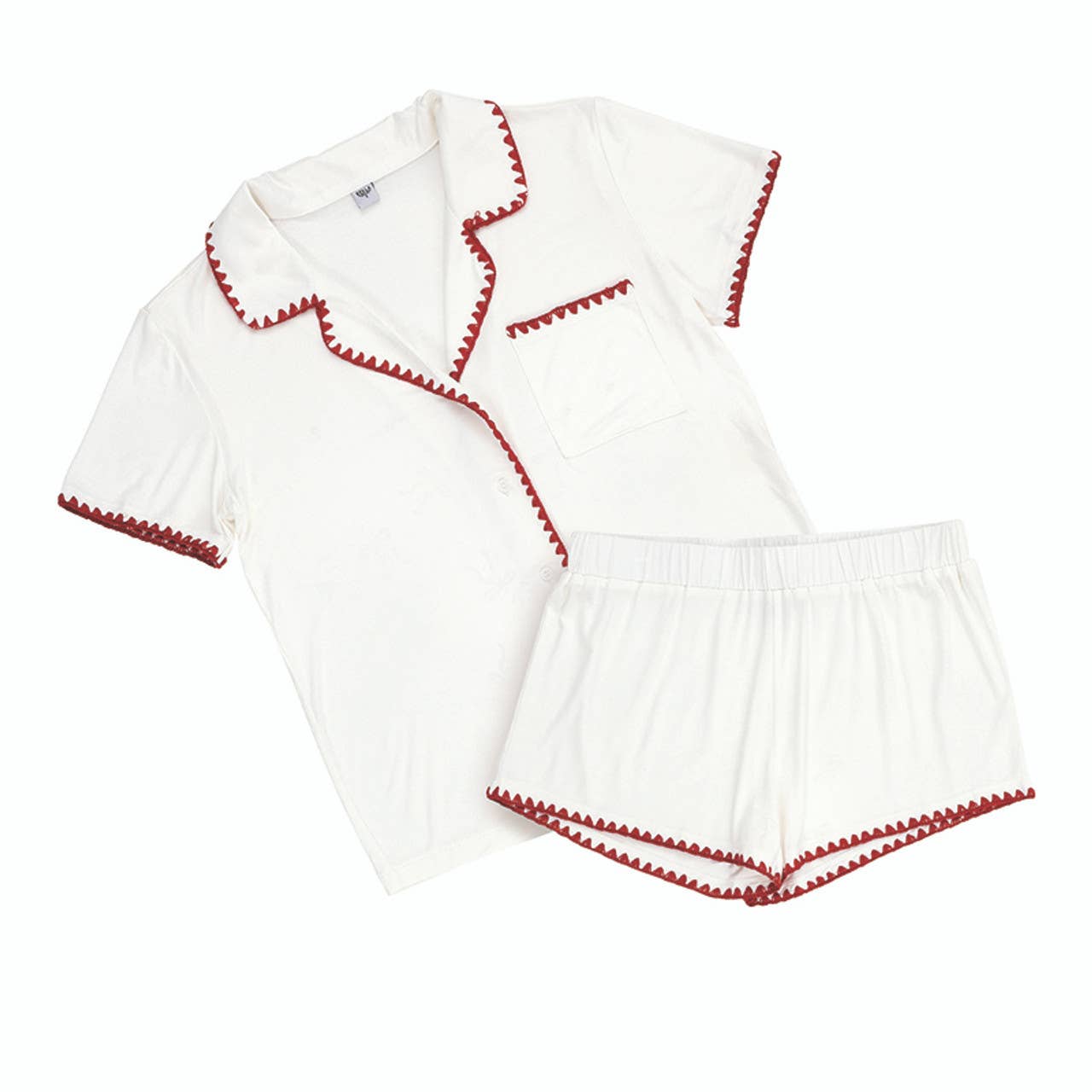Bella Sleep + Spa - Short Bamboo PJ Set - White + Burgundy Whip Stitch