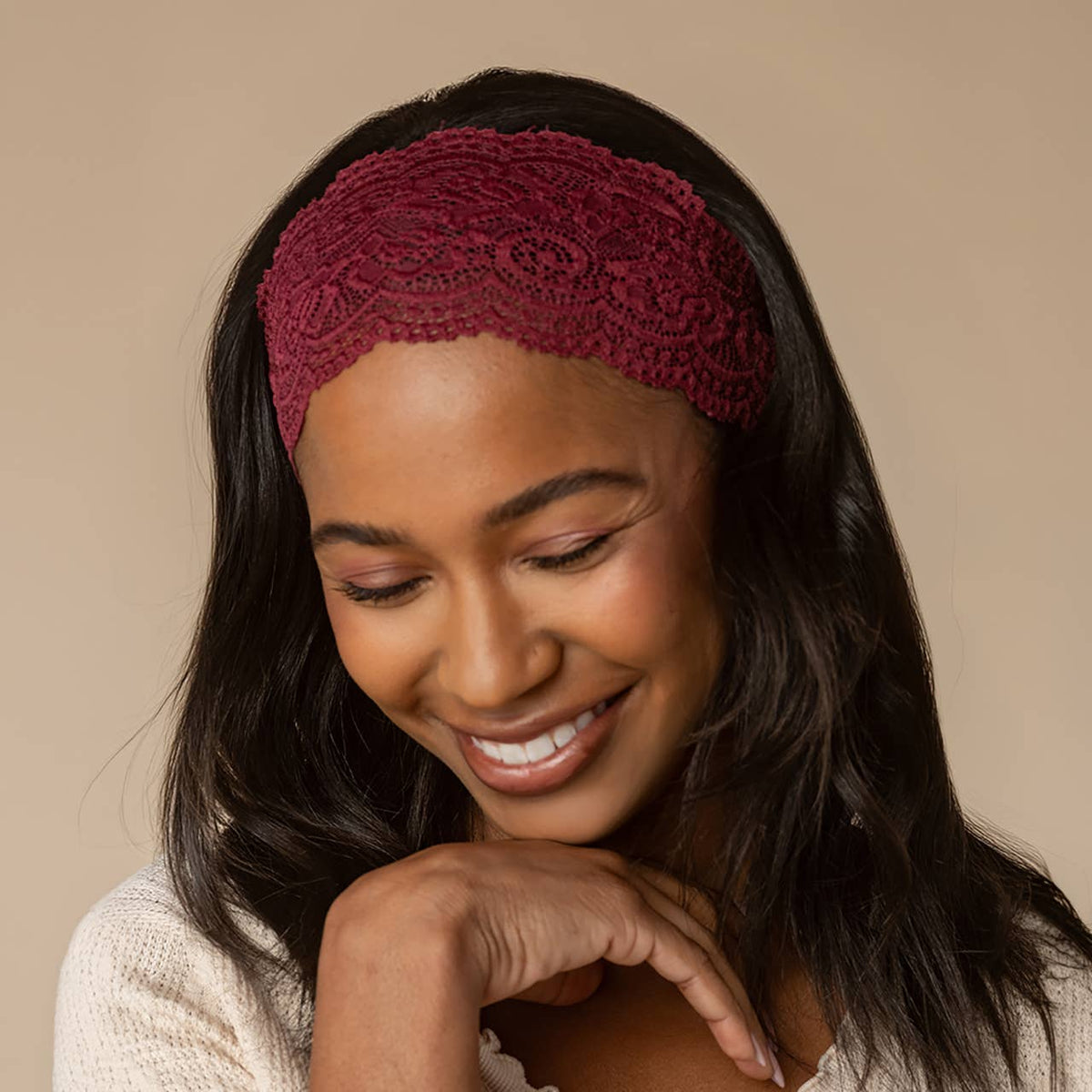 KITSCH - Wide Lace Elastic Headbands 2pc Set - Cherry Lacquer & Dusty Pink