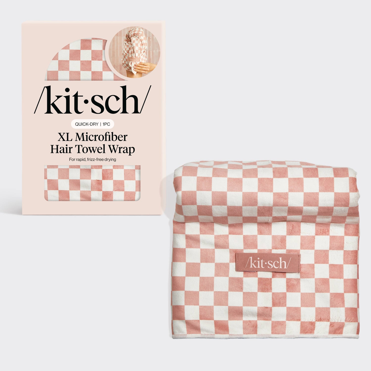 KITSCH - Extra Large Quick-Dry Hair Towel Wrap- Terracotta Checker