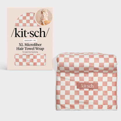 KITSCH - Extra Large Quick-Dry Hair Towel Wrap- Terracotta Checker