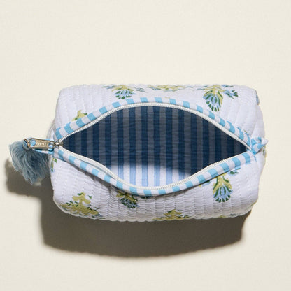 Frem - Light Blue Quilted Floral Cosmetic Pouch – Zipper Makeup Bag with Tassel