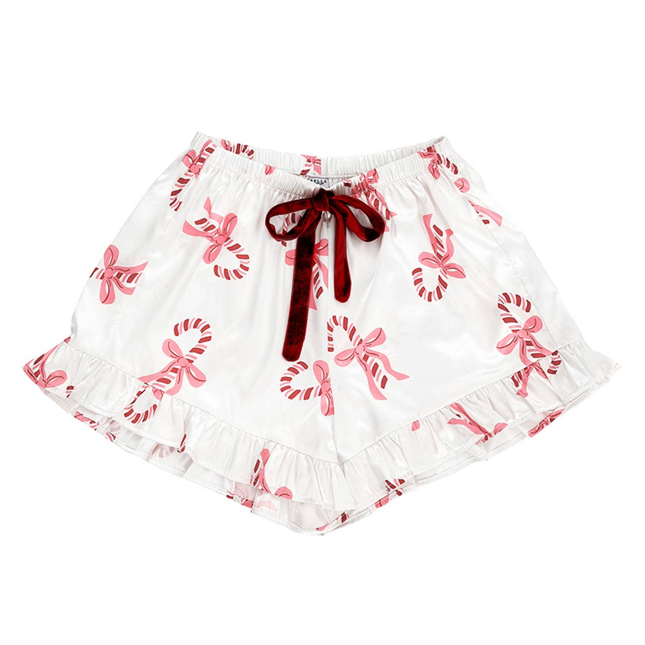 Bella Sleep + Spa - Cropped Ruffled PJ Short Set With Velvet Ties - Candy Canes