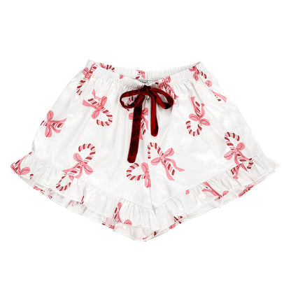Bella Sleep + Spa - Cropped Ruffled PJ Short Set With Velvet Ties - Candy Canes