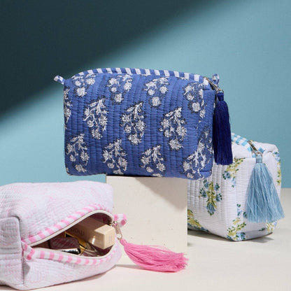 Frem - Light Blue Quilted Floral Cosmetic Pouch – Zipper Makeup Bag with Tassel