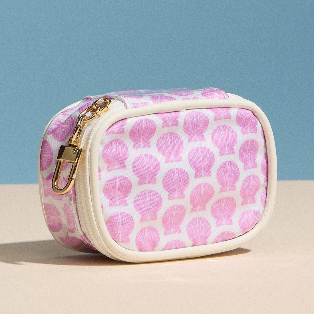 Frem - Pink Shell Mini Cosmetic Pouch with Clip – Quilted Zip Travel Coin &amp; Makeup Bag