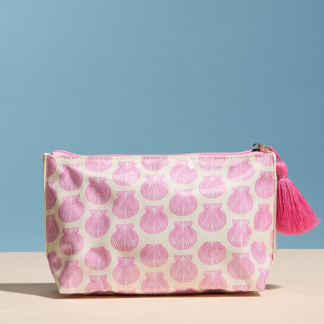Frem - Pink Seashell Print Cosmetic Pouch – Zipper Makeup Bag with Tassel