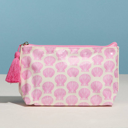 Frem - Pink Seashell Print Cosmetic Pouch – Zipper Makeup Bag with Tassel