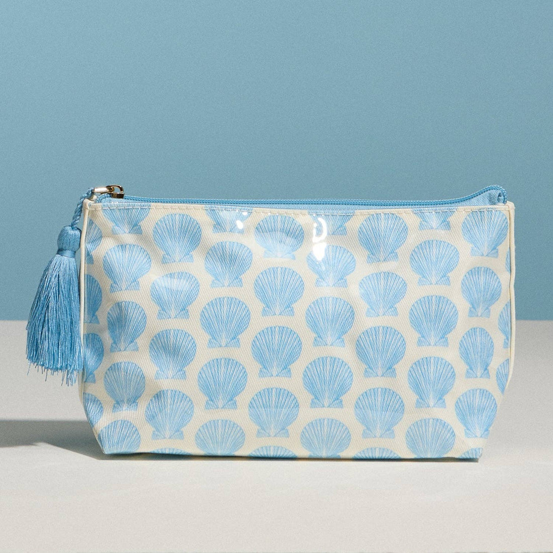 Frem - Blue Seashell Print Cosmetic Pouch – Zipper Makeup Bag with Tassel
