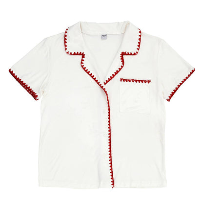 Bella Sleep + Spa - Short Bamboo PJ Set - White + Burgundy Whip Stitch