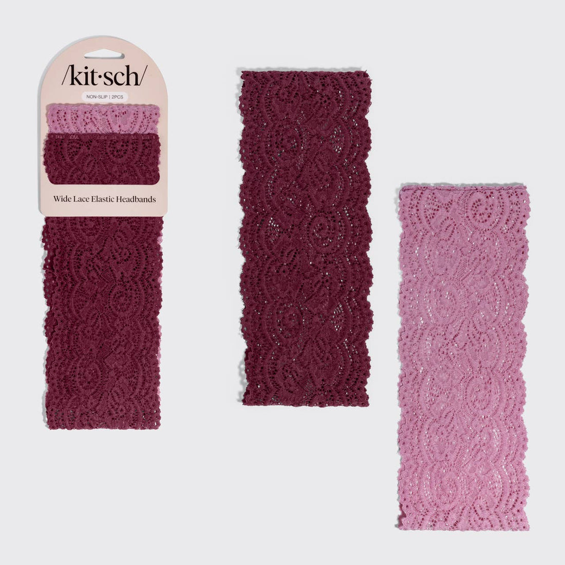 KITSCH - Wide Lace Elastic Headbands 2pc Set - Cherry Lacquer &amp; Dusty Pink