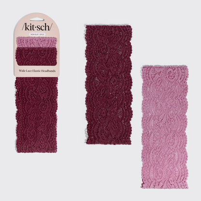 KITSCH - Wide Lace Elastic Headbands 2pc Set - Cherry Lacquer &amp; Dusty Pink