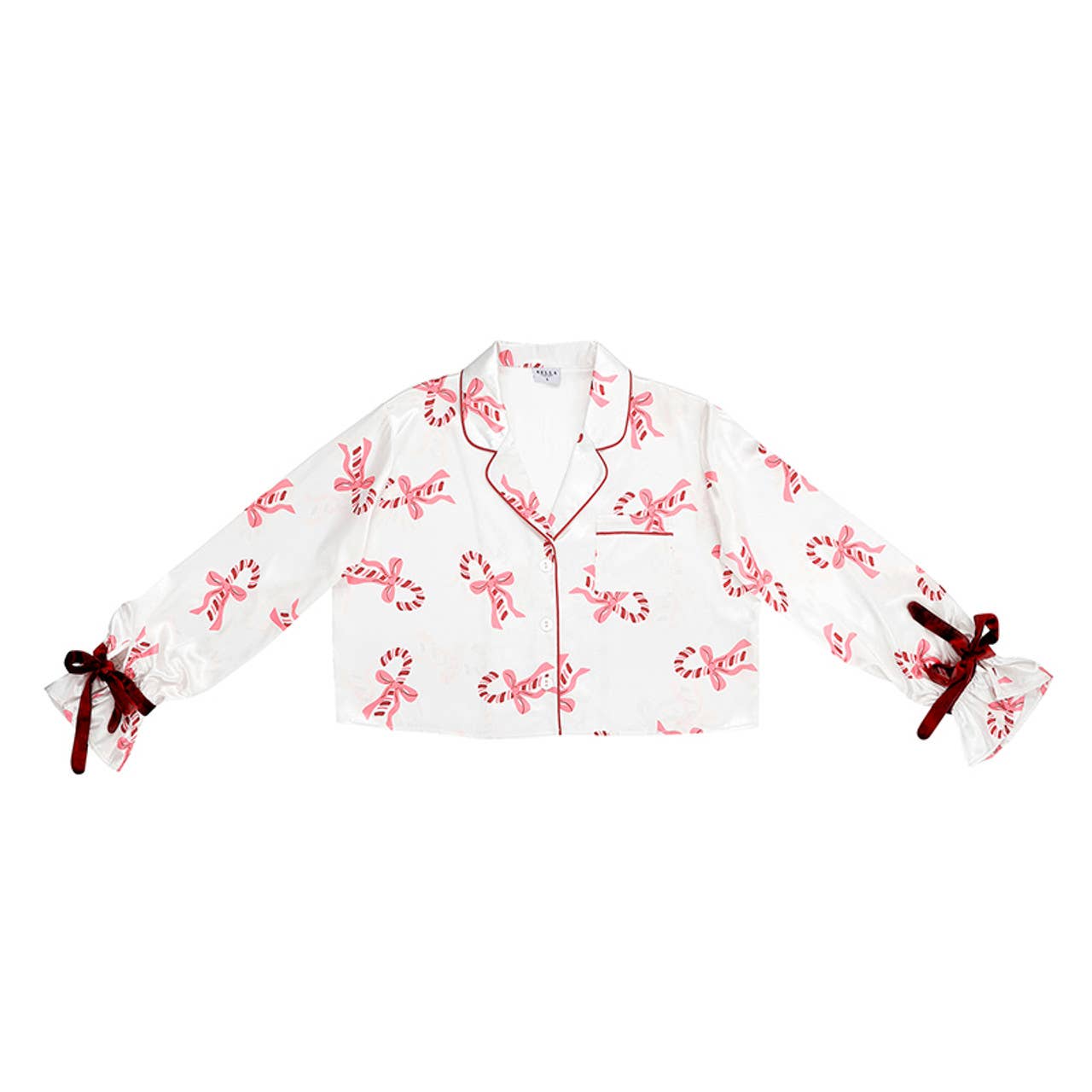 Bella Sleep + Spa - Cropped Ruffled PJ Short Set With Velvet Ties - Candy Canes