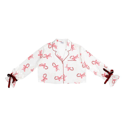 Bella Sleep + Spa - Cropped Ruffled PJ Short Set With Velvet Ties - Candy Canes