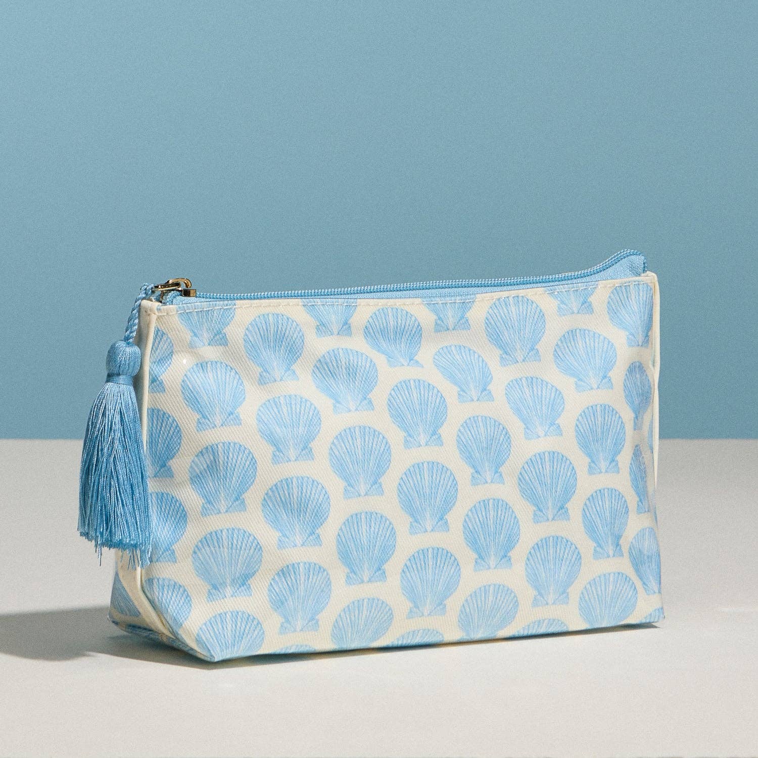 Frem - Blue Seashell Print Cosmetic Pouch – Zipper Makeup Bag with Tassel