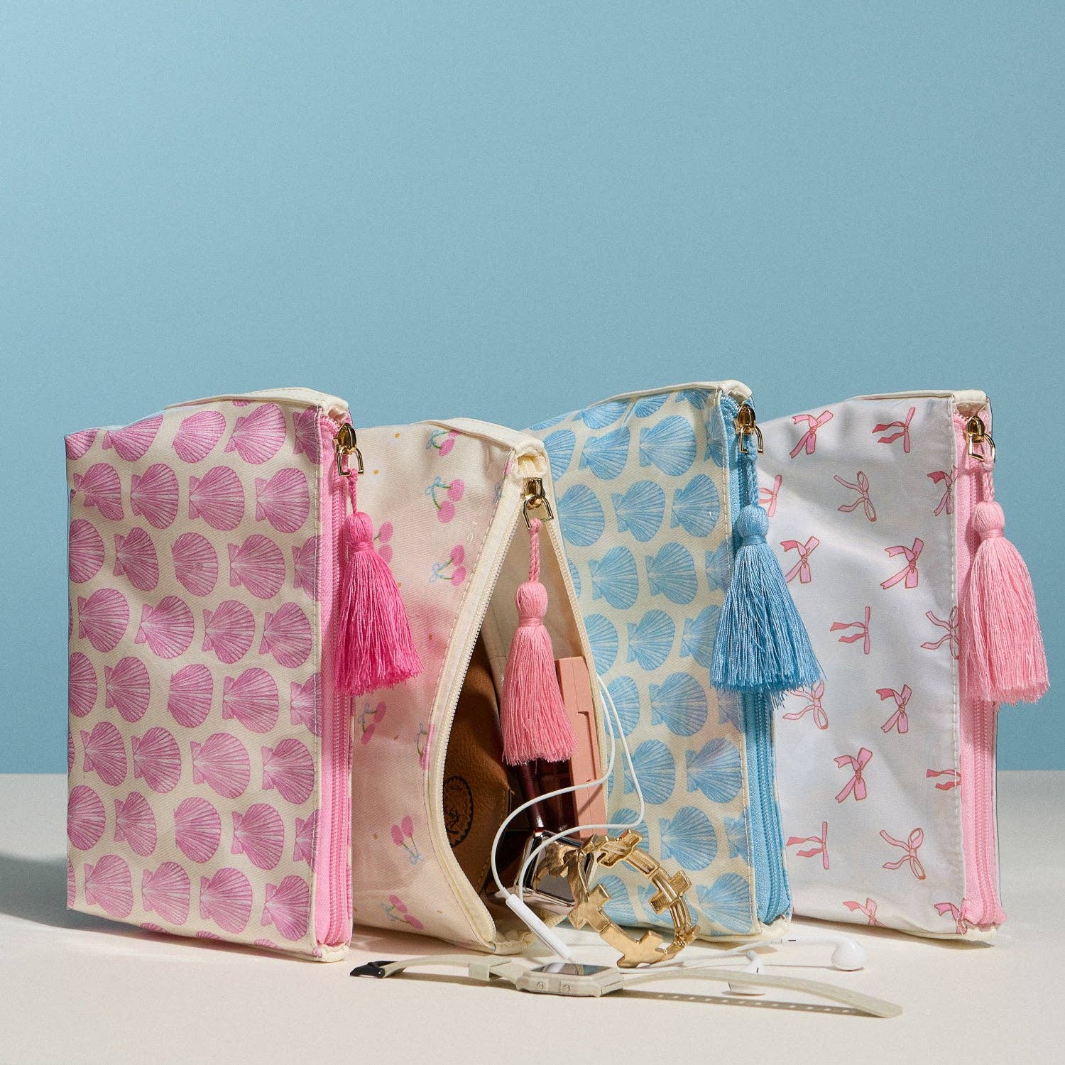 Frem - Pink Seashell Print Cosmetic Pouch – Zipper Makeup Bag with Tassel