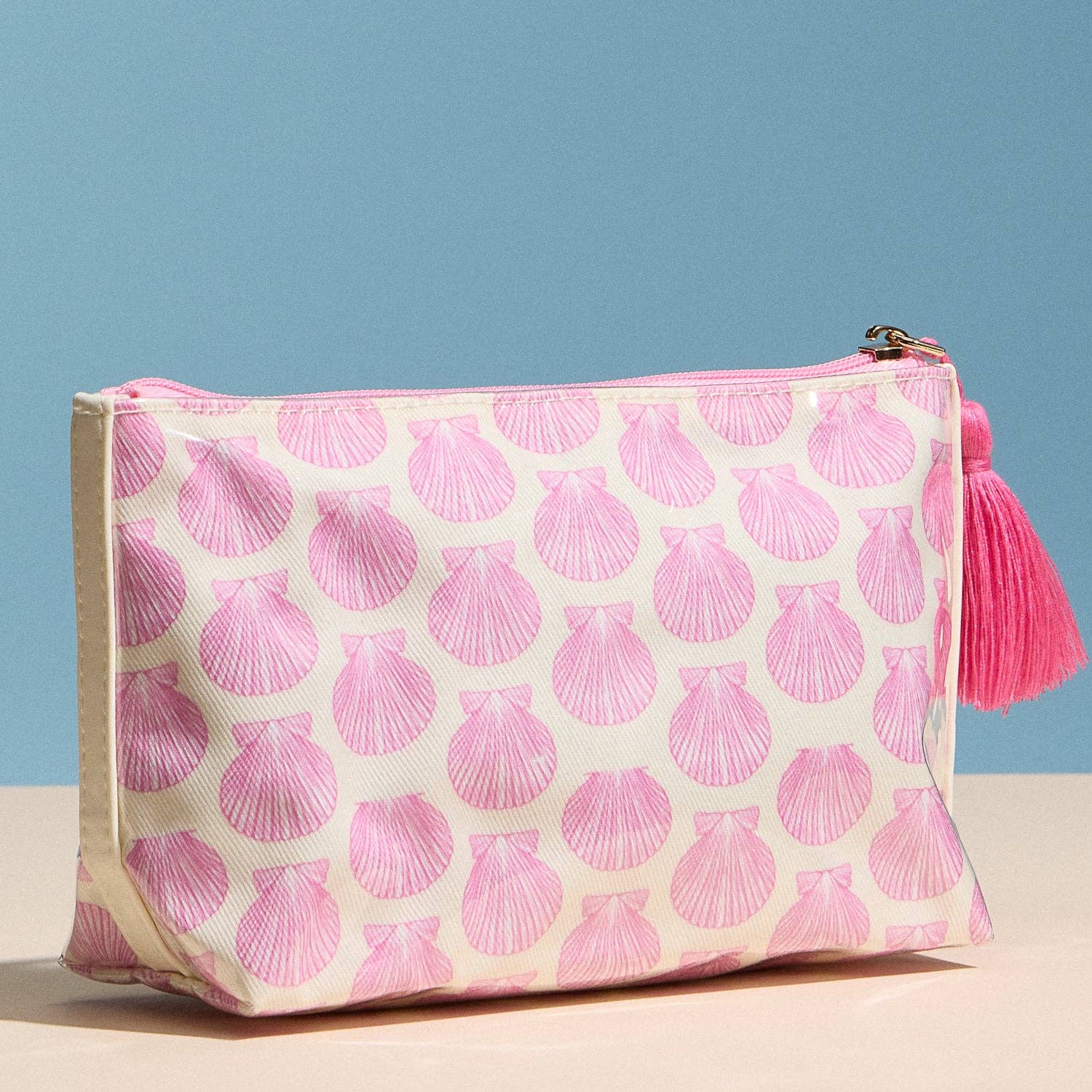 Frem - Pink Seashell Print Cosmetic Pouch – Zipper Makeup Bag with Tassel