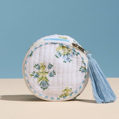 Frem - Light Blue Quilted Floral Round Coin Pouch – Zipper Coin Purse with Tassel