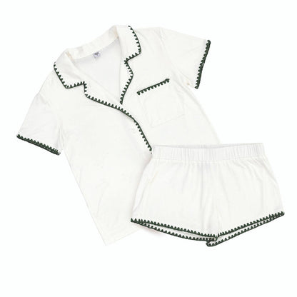 Bella Sleep + Spa - Short Bamboo PJ Set - White + Forest Green Whip Stitch