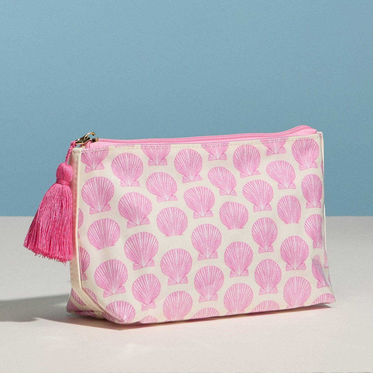 Frem - Pink Seashell Print Cosmetic Pouch – Zipper Makeup Bag with Tassel
