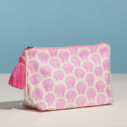 Frem - Pink Seashell Print Cosmetic Pouch – Zipper Makeup Bag with Tassel