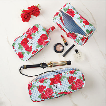 Blue Gingham + Red Roses Quilted Hair Tool Bag