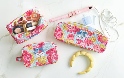Rose Floral Quilted Cosmetic Bag