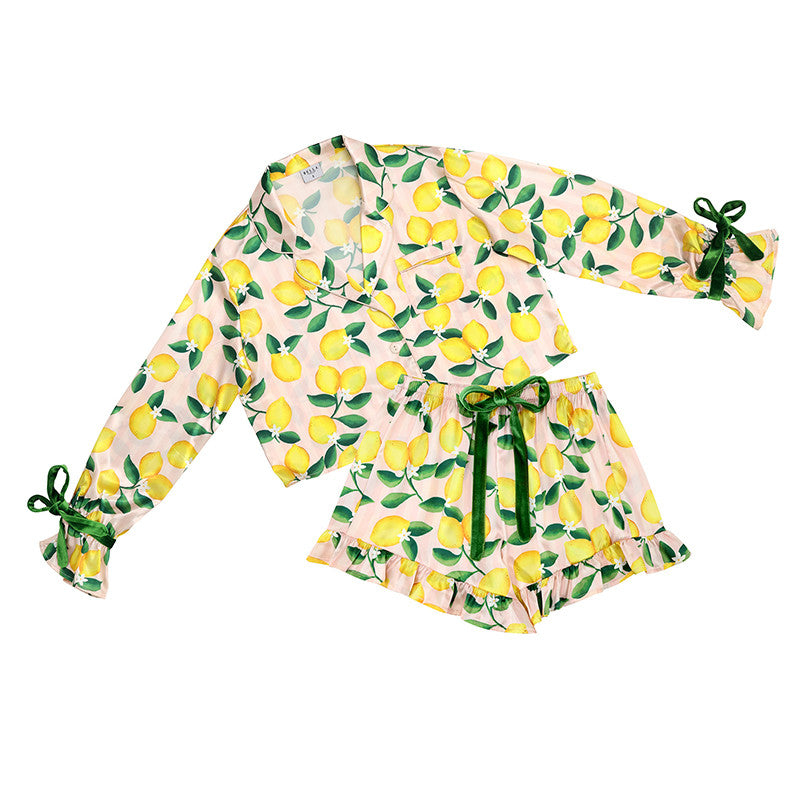 Pink Stripes + Lemons Cropped + Ruffled Short PJ Set with Velvet Ties