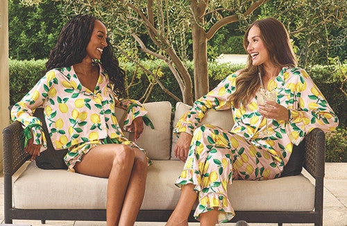 Pink Stripes + Lemons Cropped + Ruffled Short PJ Set with Velvet Ties