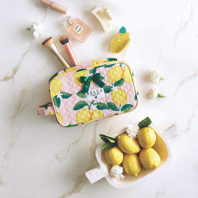 Pink Stripes + Lemons Quilted Cosmetic Bag