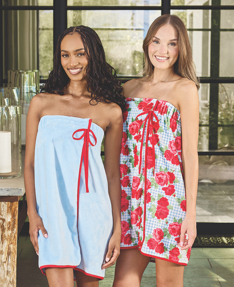 Blue Gingham + Red Roses with Red Droopy Bow Plush Spa Wrap