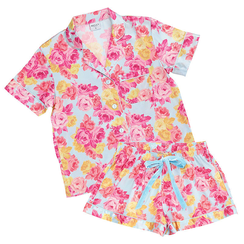 Rose Floral Short Sleeve Top + Square Short PJ Set with Velvet Tie