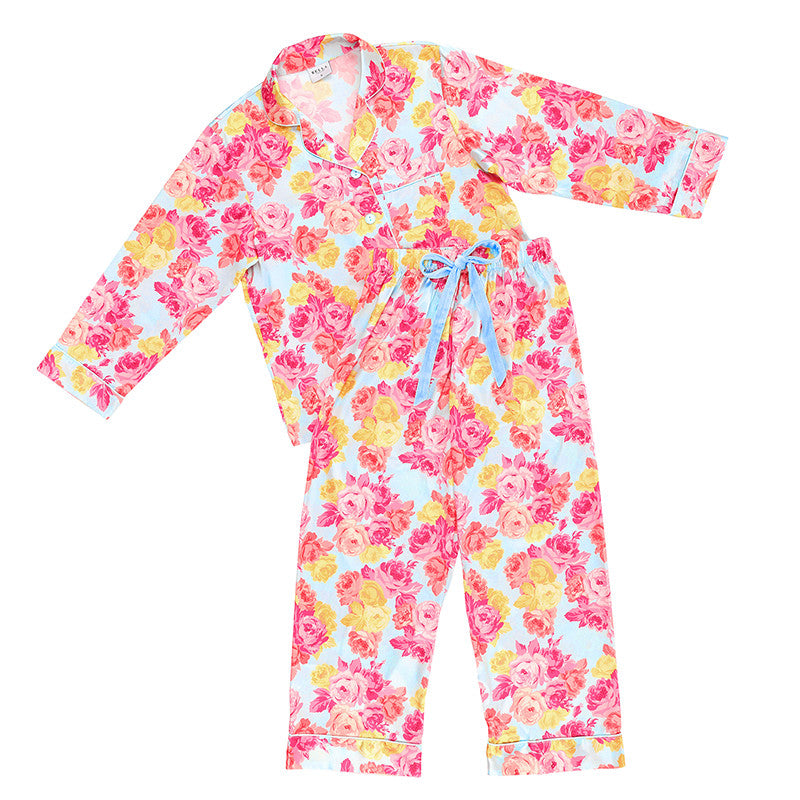 Rose Floral Long Sleeve Top + Capri Pant PJ Set with Velvet Tie