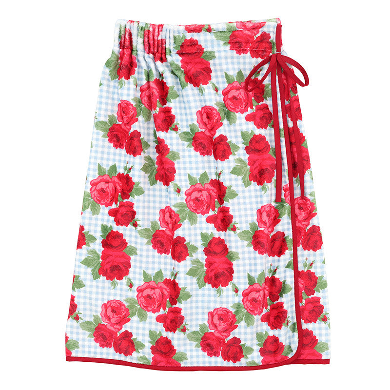 Blue Gingham + Red Roses with Red Droopy Bow Plush Spa Wrap