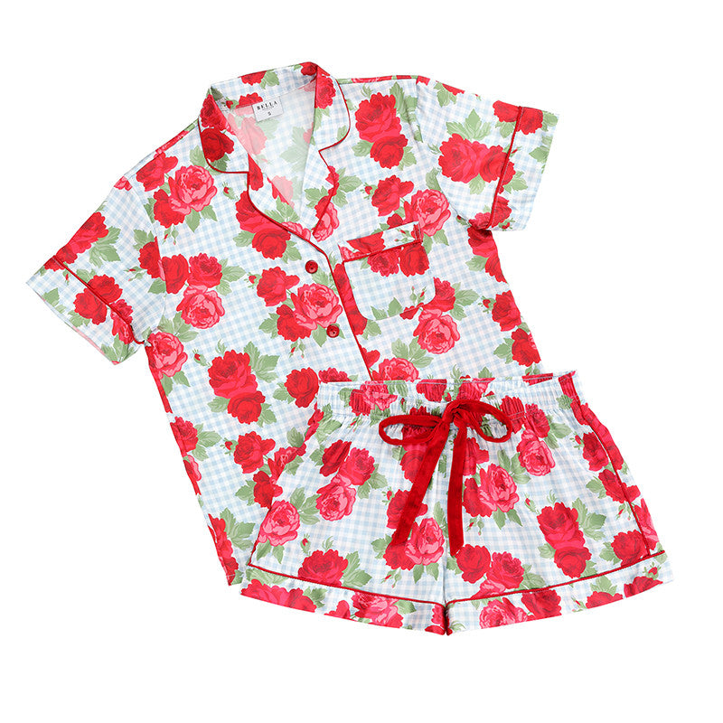 Blue Gingham + Red Roses Short Sleeve Top + Square Short PJ Set with Velvet Tie