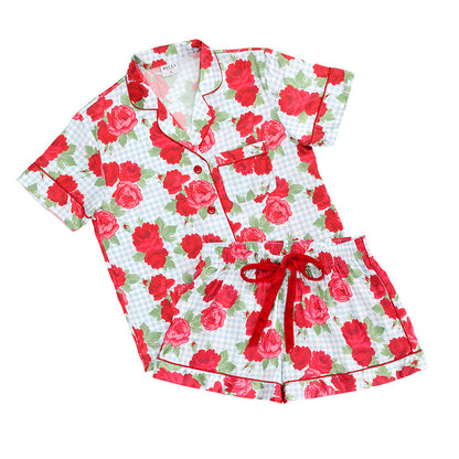 Blue Gingham + Red Roses Short Sleeve Top + Square Short PJ Set with Velvet Tie