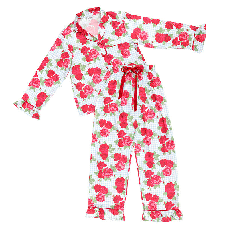 Blue Gingham + Roses Full-Length PJ Set with Velvet Tie