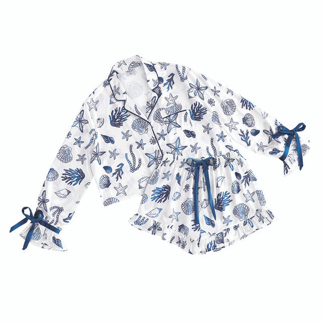 White + Ocean Blue Shells Cropped + Ruffled Short PJ Set with Velvet Tie