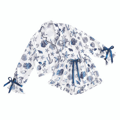 White + Ocean Blue Shells Cropped + Ruffled Short PJ Set with Velvet Tie