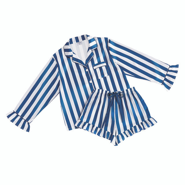 White + Ocean Blue Cabana Stripe Long Sleeve Ruffled Top + Ruffled Short PJ Set with Velvet Tie