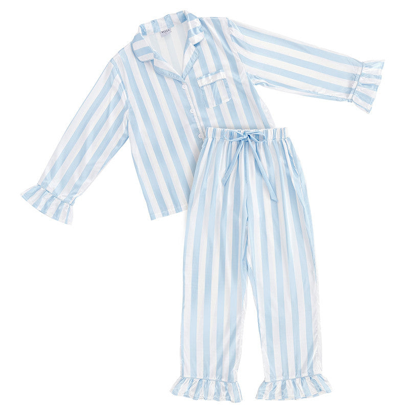 White + Spa Blue Cabana Stripe Full-Length Ruffled PJ Set with Velvet Tie