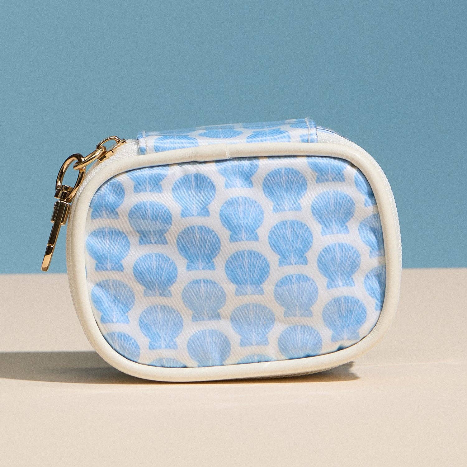 Frem - Blue Shell Mini Cosmetic Pouch with Clip – Quilted Zip Travel Coin &amp; Bag Charm