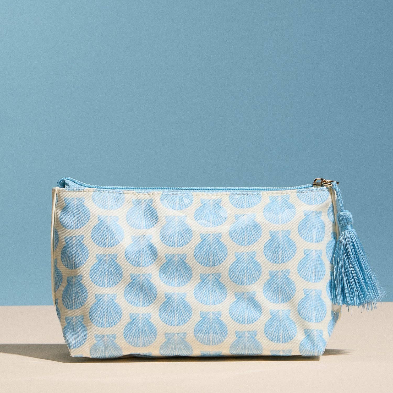 Frem - Blue Seashell Print Cosmetic Pouch – Zipper Makeup Bag with Tassel