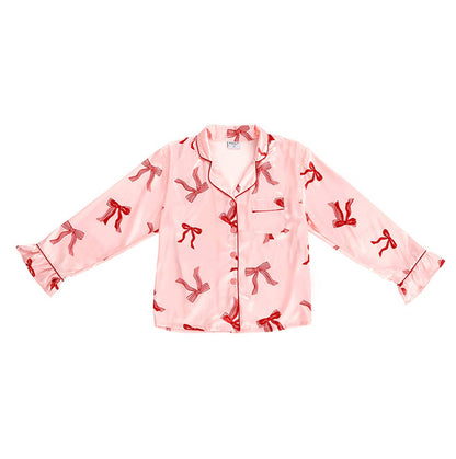 Bella Sleep + Spa - Ruffle PJ Set With Velvet Tie - Blush + Striped Bows