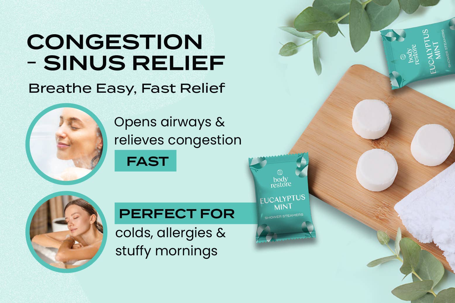 body restore⎜steam eye masks, shower steamers, tallow - Cooling Eucalyptus &amp; Mint Shower Steamers - 6pk Relaxing Spa