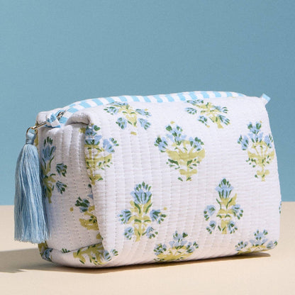 Frem - Light Blue Quilted Floral Cosmetic Pouch – Zipper Makeup Bag with Tassel