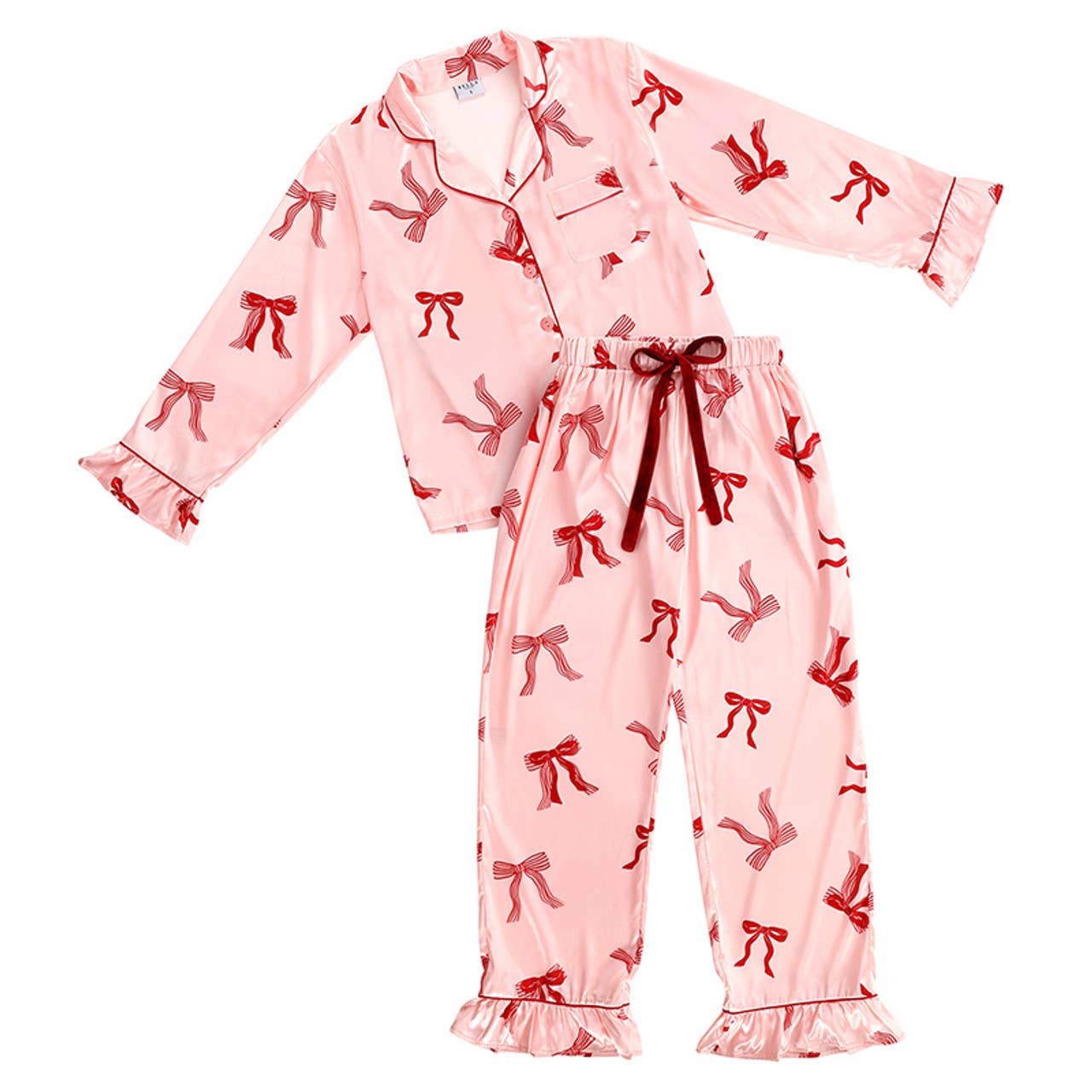 Bella Sleep + Spa - Ruffle PJ Set With Velvet Tie - Blush + Striped Bows