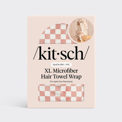 KITSCH - Extra Large Quick-Dry Hair Towel Wrap- Terracotta Checker